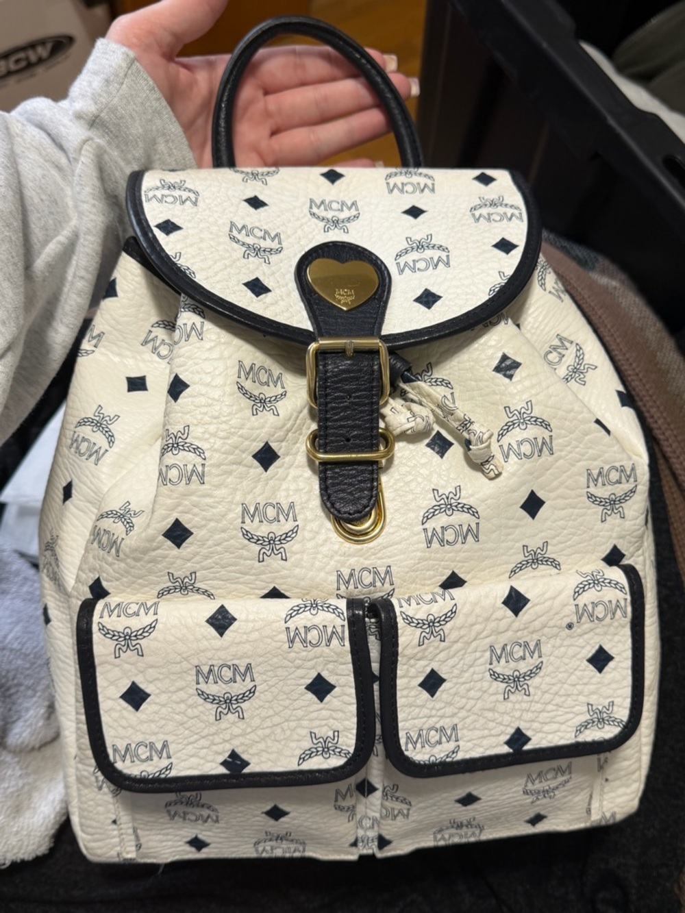 MCM Vintage White Logo Backpack with Blue Trim